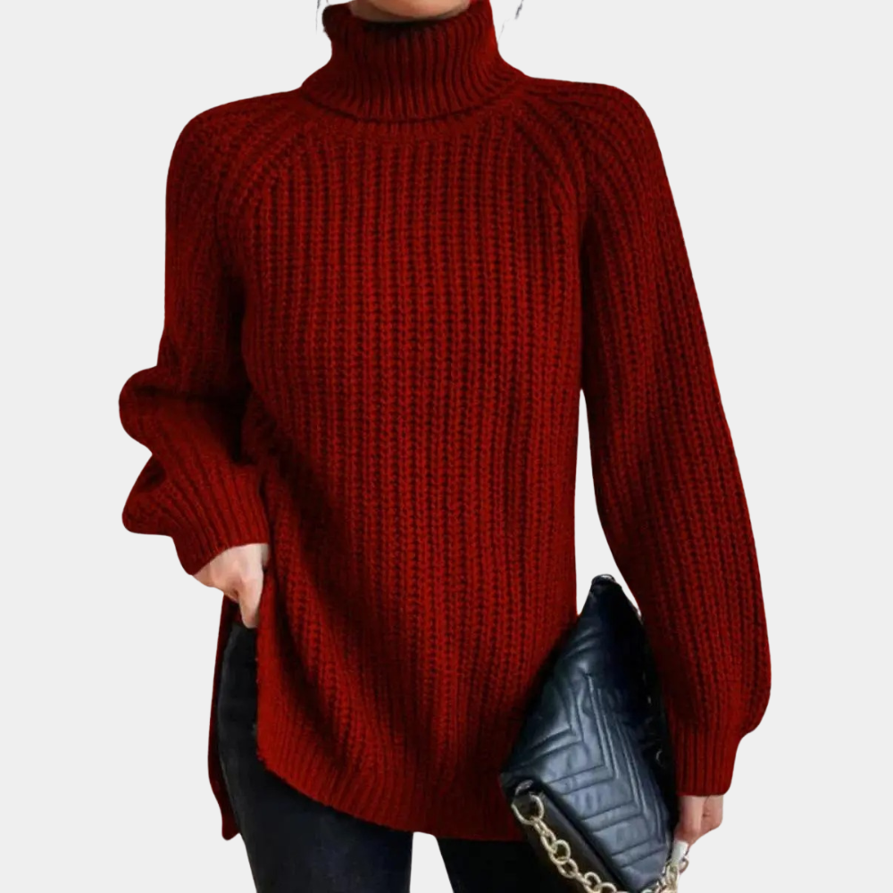 Bordeauxrode gebreide coltrui voor dames, stijlvolle wintermode, comfortabele pasvorm, gecombineerd met zwarte handtas met kettingriem.
