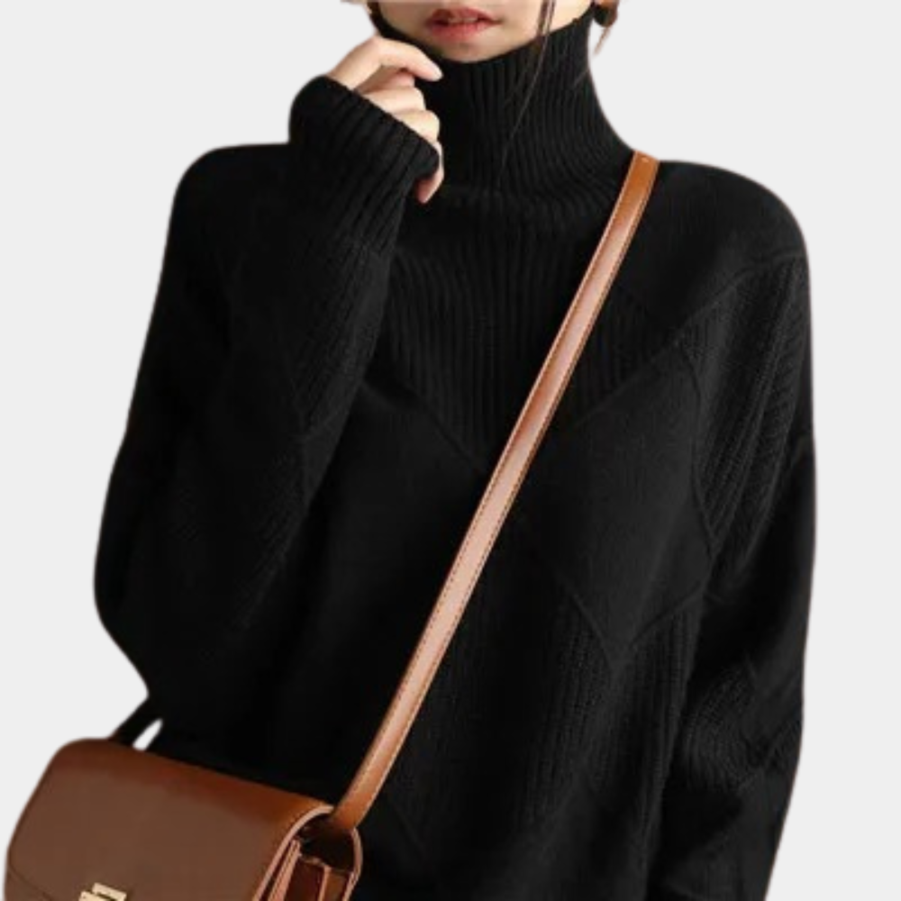 Vrouw in zwarte coltrui met bruine schoudertas, modieuze herfstkleding, stijlvolle damesmode, comfortabele gebreide trui, casual outfit.