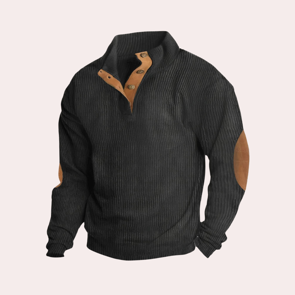 Zwarte geribbelde trui met bruine knopen en elleboogstukken, herenkleding, stijlvolle casual sweater, warme wintermode.