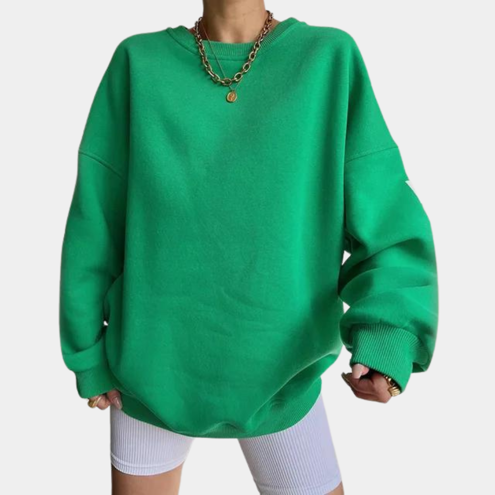 Groene oversized trui dames, casual streetwear, lange mouwen, comfortabele pasvorm, trendy mode, perfect voor herfst en winter.