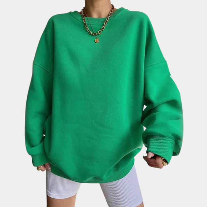 Groene oversized trui dames, casual streetwear, lange mouwen, comfortabele pasvorm, trendy mode, perfect voor herfst en winter.