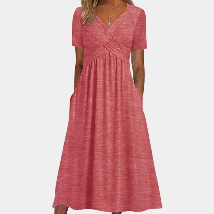 Rode midi-jurk met korte mouwen en V-hals, elegante plooien, casual stijl, perfect voor zomer, damesmode, comfortabele pasvorm.