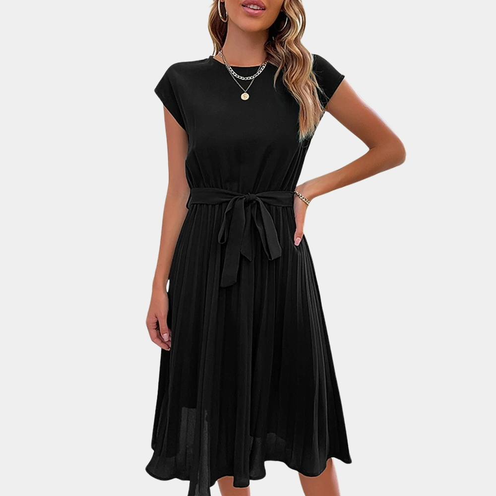 Zwarte midi-jurk met korte mouwen en strikceintuur, elegante damesmode, perfect voor casual en formele gelegenheden, trendy kledingstijl.
