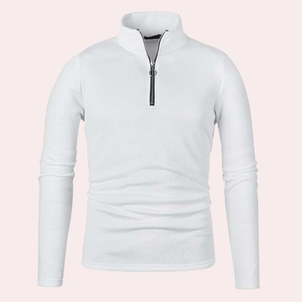 Witte heren fleece trui met halve rits, lange mouwen en opstaande kraag. Perfect voor wintermode en outdoor activiteiten. Comfortabel en stijlvol.
