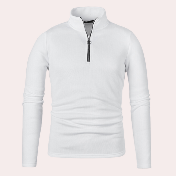 Witte heren fleece trui met halve rits, lange mouwen en opstaande kraag. Perfect voor wintermode en outdoor activiteiten. Comfortabel en stijlvol.