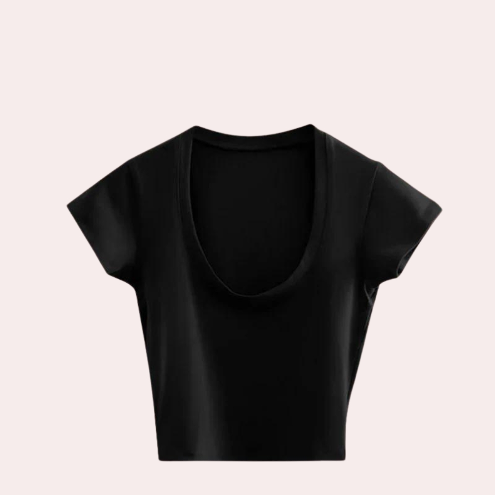Zwarte dames crop top met korte mouwen en ronde hals, perfect voor casual en trendy outfits. Comfortabele pasvorm, ideaal voor dagelijks gebruik.