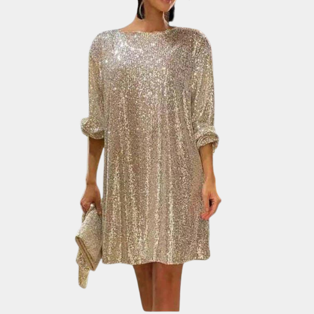 Gouden paillettenjurk met lange mouwen, elegante avondjurk, feestkleding voor dames, glinsterende cocktailjurk, inclusief bijpassende clutch.