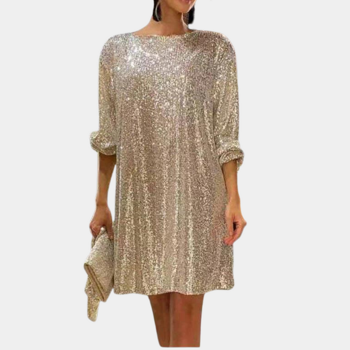 Gouden paillettenjurk met lange mouwen, elegante avondjurk, feestkleding voor dames, glinsterende cocktailjurk, inclusief bijpassende clutch.