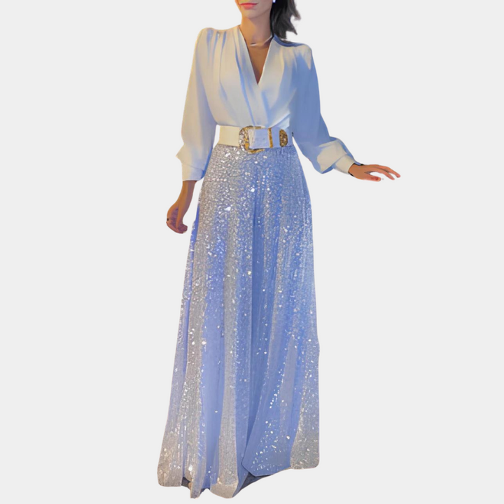Witte lange jurk met pailletten rok en V-hals, elegante avondjurk voor dames, perfect voor gala's en speciale gelegenheden.