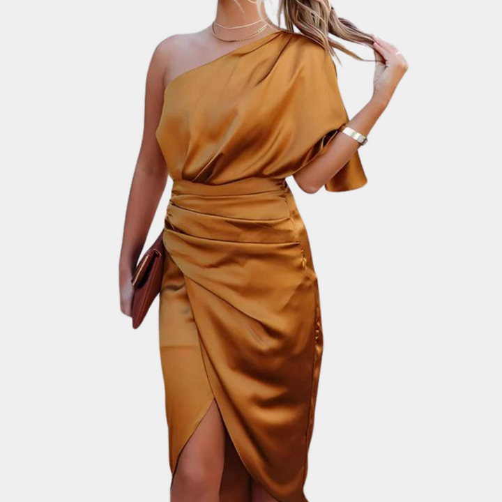 Oranje asymmetrische jurk, satijnen stof, elegante avondjurk, een schouder, met split, perfect voor feestjes en speciale gelegenheden.