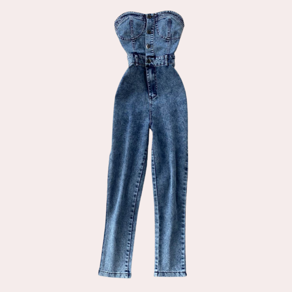 Strapless denim jumpsuit voor dames, blauwe kleur, hoge taille, knoopsluiting, modieuze casual outfit, perfect voor dagelijks gebruik.