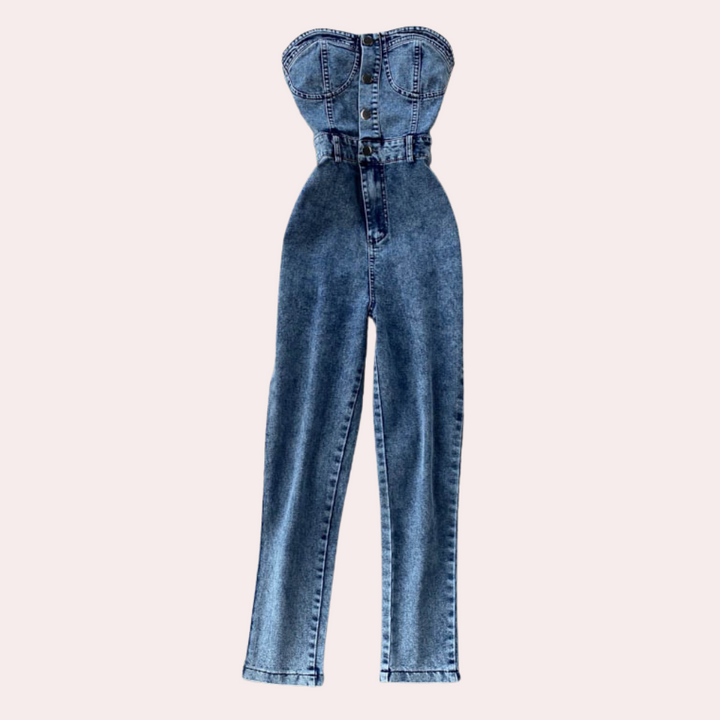 Strapless denim jumpsuit voor dames, blauwe kleur, hoge taille, knoopsluiting, modieuze casual outfit, perfect voor dagelijks gebruik.