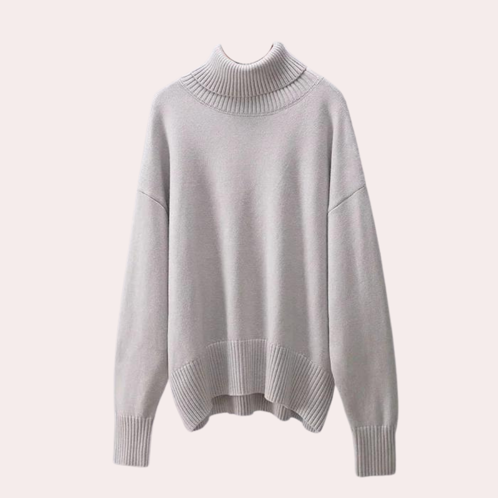 Grijze oversized coltrui dames, gebreid, lange mouwen, casual stijl, warme wintermode, comfortabele pasvorm, trendy kleding, modieuze trui.