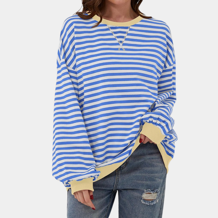 Damestrui met blauw-witte strepen, gele boorden, casual stijl, lange mouwen, perfect voor dagelijks gebruik, modieuze en comfortabele pasvorm.
