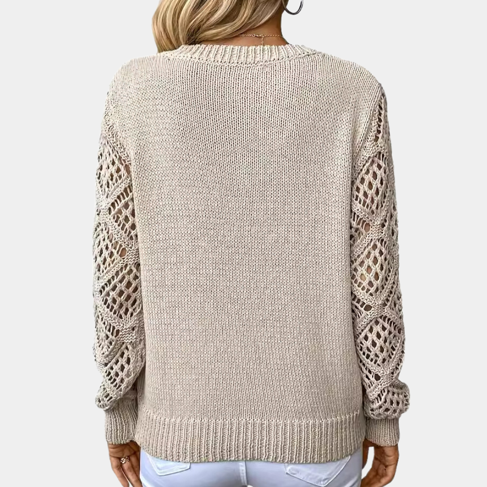 Beige damestrui met opengewerkte mouwen, gebreid patroon, casual stijl, perfect voor herfstmode. Comfortabele pasvorm, trendy en veelzijdig.