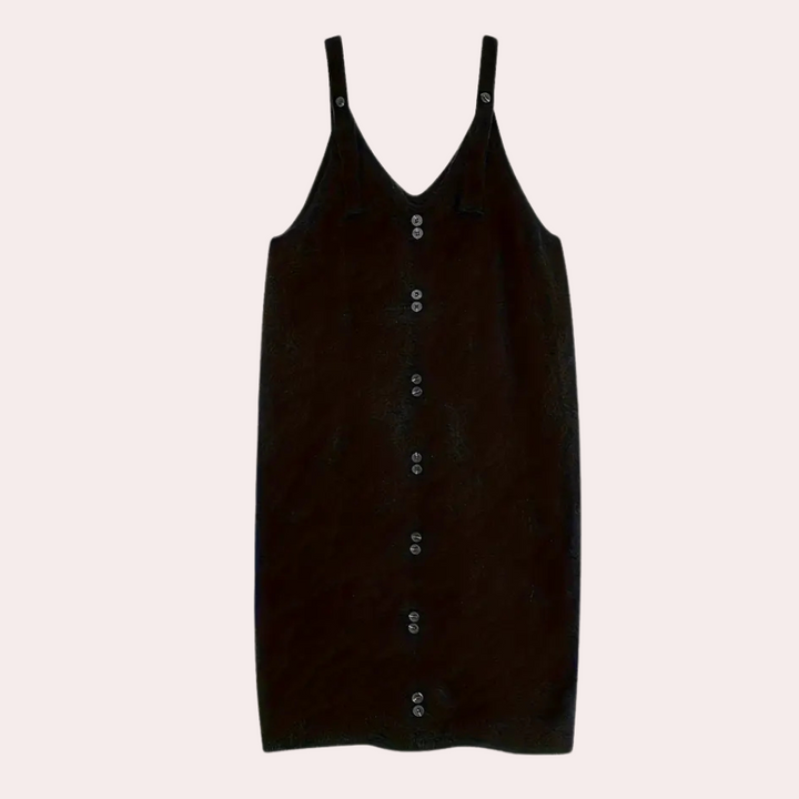 Zwarte damesjurk met knoopsluiting, mouwloos ontwerp, V-hals, ideaal voor casual en formele gelegenheden. Trendy en veelzijdige mode.