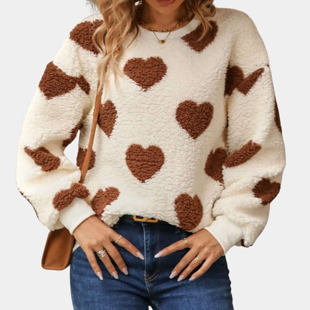 Damestrui met bruine hartjes, pluizige textuur, casual stijl. Perfect voor herfstmode. Comfortabele pasvorm, trendy en warm.