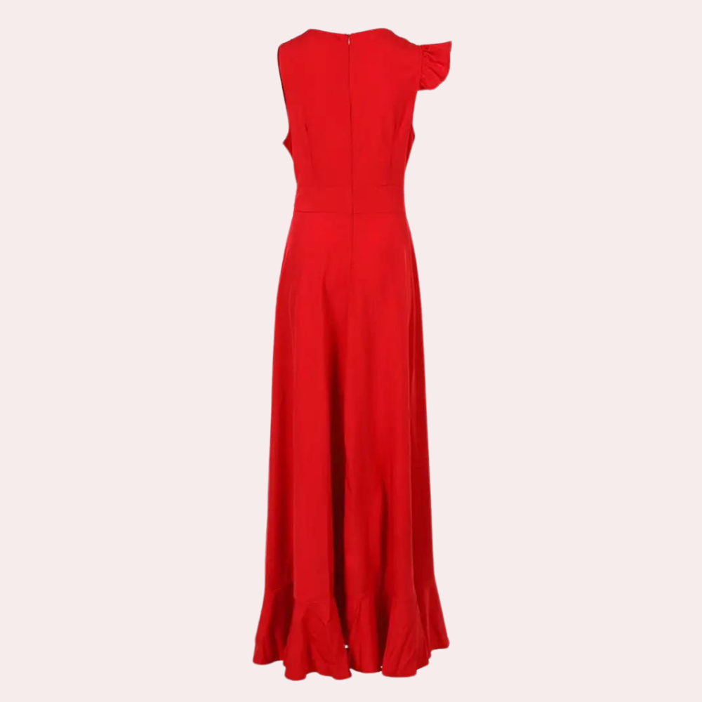Rode avondjurk met asymmetrische mouw en vloeiende rok, elegante damesmode, perfect voor speciale gelegenheden en feestelijke evenementen.
