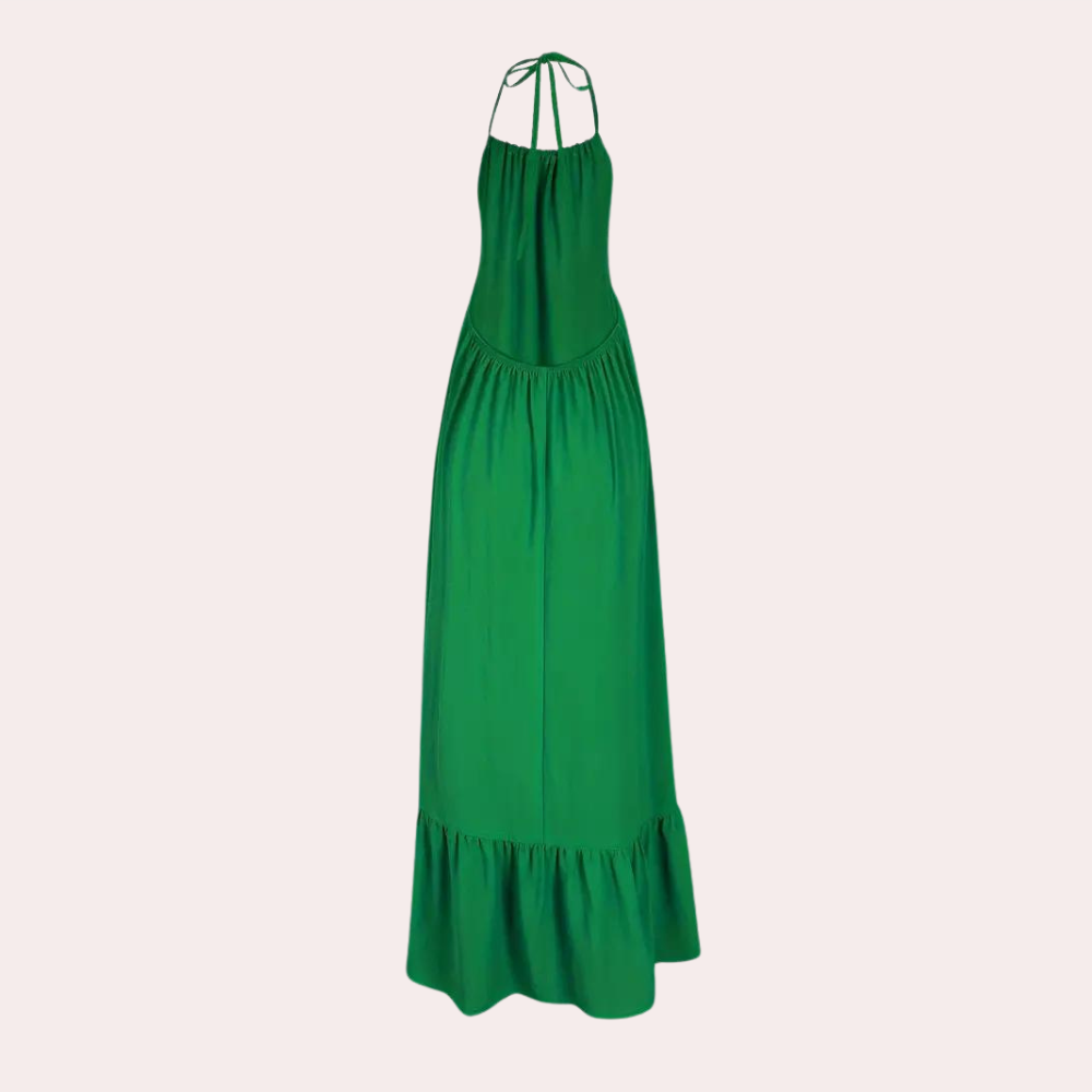 Groene maxi-jurk met halternek en ruches, elegante zomerjurk voor dames, perfect voor casual en formele gelegenheden.