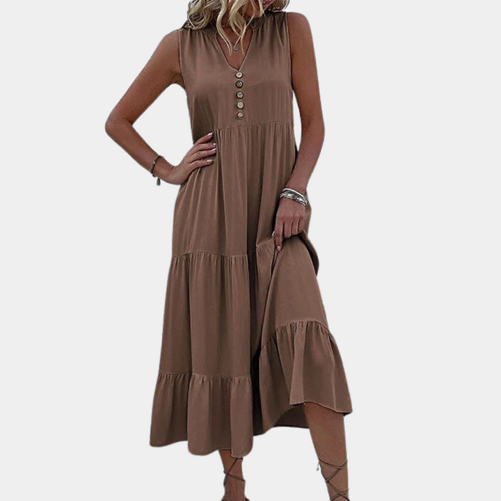 Bruine mouwloze maxi-jurk met knopen, casual zomerjurk voor dames, elegante boho-stijl, perfect voor strand- of stadsuitjes.