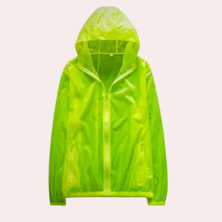 Neon groene regenjas met capuchon, lichtgewicht en waterdicht, ideaal voor outdoor activiteiten. Stijlvolle en functionele regenjas voor heren.