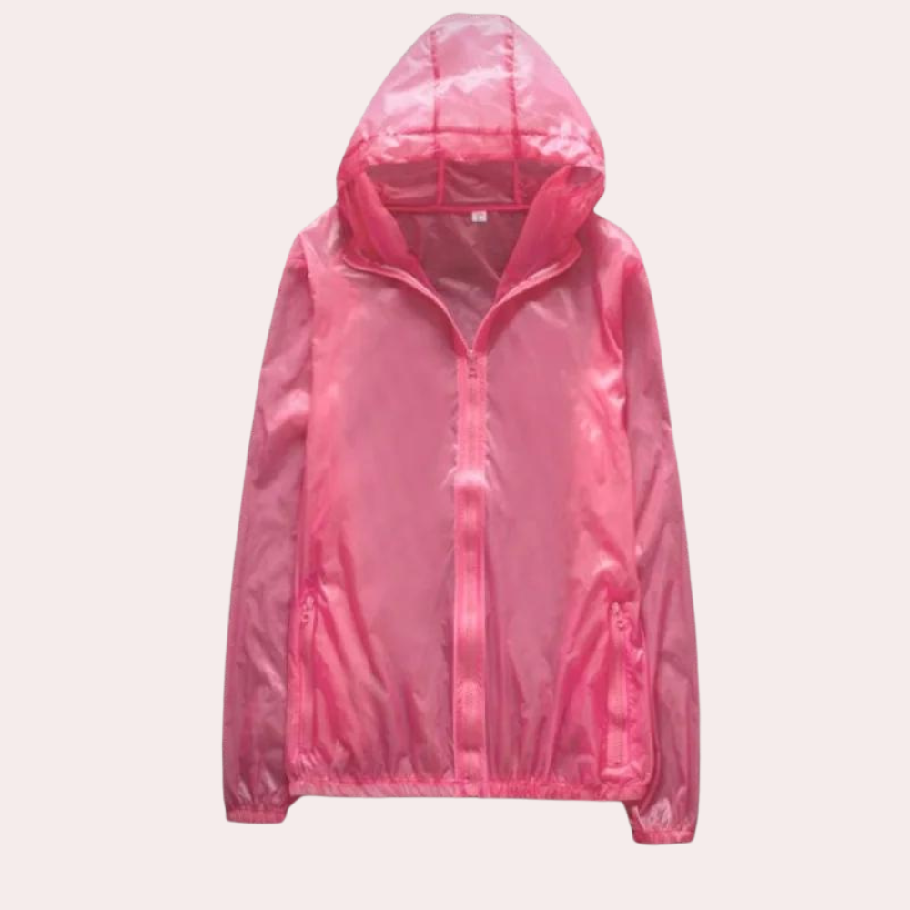 Roze transparant regenjack met capuchon, lichtgewicht en waterafstotend. Perfect voor damesmode, outdoor activiteiten en regenachtige dagen.