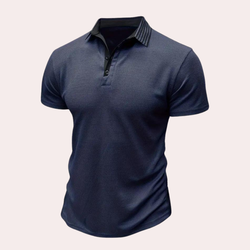 Donkerblauw poloshirt voor heren met korte mouwen, knoopsluiting en klassieke kraag. Stijlvol en veelzijdig voor casual en formele gelegenheden.