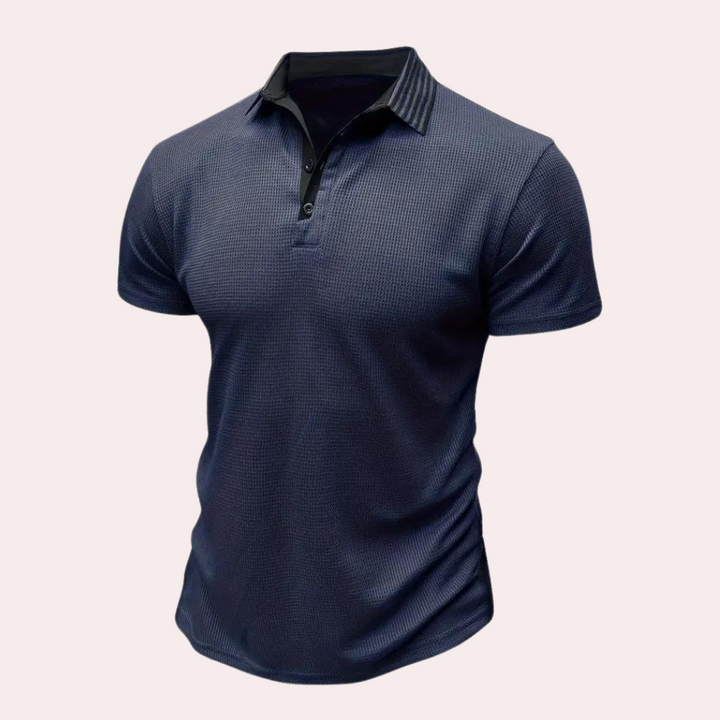 Donkerblauw poloshirt voor heren met korte mouwen, knoopsluiting en klassieke kraag. Stijlvol en veelzijdig voor casual en formele gelegenheden.