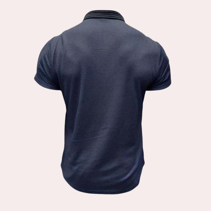 Donkerblauw poloshirt voor heren, korte mouwen, geribbelde kraag, hoogwaardige stof, casual en stijlvol, perfect voor dagelijks gebruik.