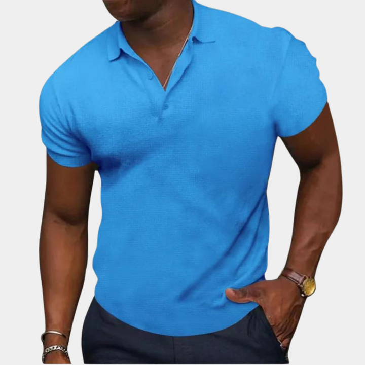 Blauwe herenpolo met korte mouwen, stijlvolle casual look, perfect voor zomeroutfits. Hoogwaardige katoenen stof, comfortabele pasvorm.