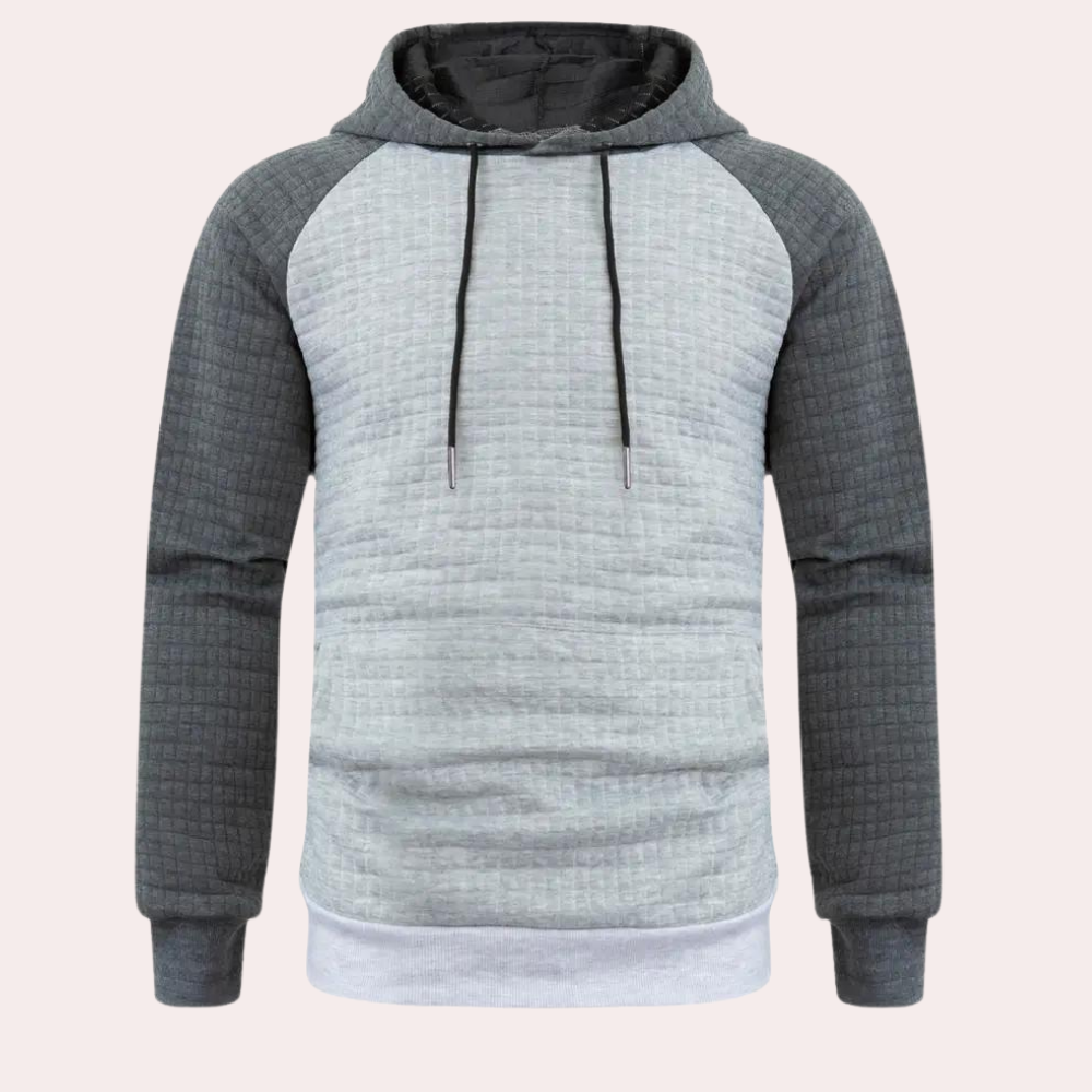 Donkergrijze en lichtgrijze herenhoodie met capuchon, lange mouwen en trekkoorden. Comfortabele casual kleding, ideaal voor dagelijks gebruik.