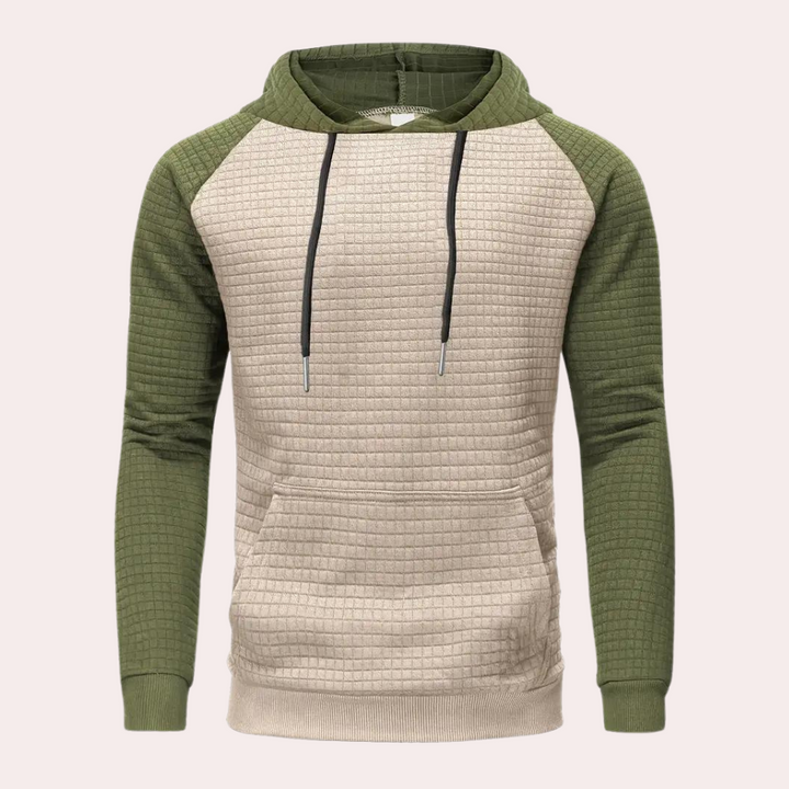 Khaki en groene hoodie met capuchon, geribbelde textuur en buidelzak. Stijlvolle herentrui, casual mode, comfortabele pasvorm.