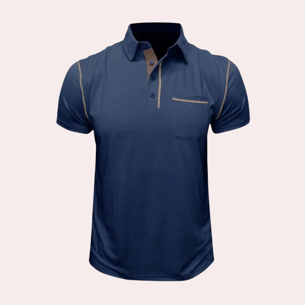 Marineblauw poloshirt met korte mouwen, knoopsluiting en borstzak. Stijlvol herenmode item, ideaal voor casual en zakelijke gelegenheden.