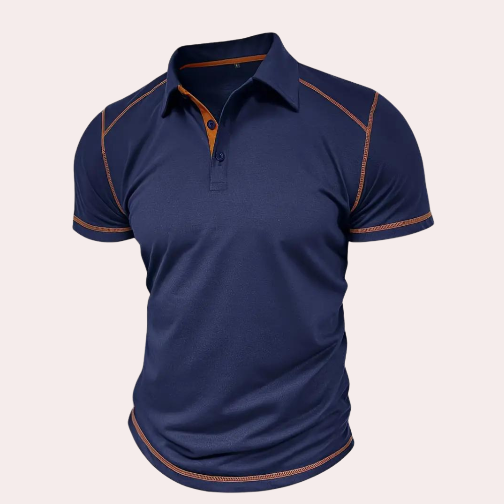 Donkerblauw poloshirt met oranje stiksels, korte mouwen en knoopsluiting. Stijlvol herenshirt, ideaal voor casual en sportieve gelegenheden.
