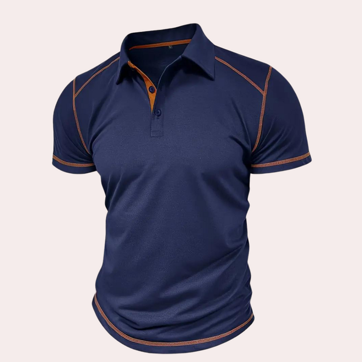 Donkerblauw poloshirt met oranje stiksels, korte mouwen en knoopsluiting. Stijlvol herenshirt, ideaal voor casual en sportieve gelegenheden.
