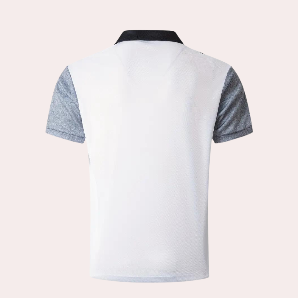 Grijs-wit poloshirt met korte mouwen, contrasterende kraag en sportieve uitstraling. Ideaal voor casual en sportieve gelegenheden.