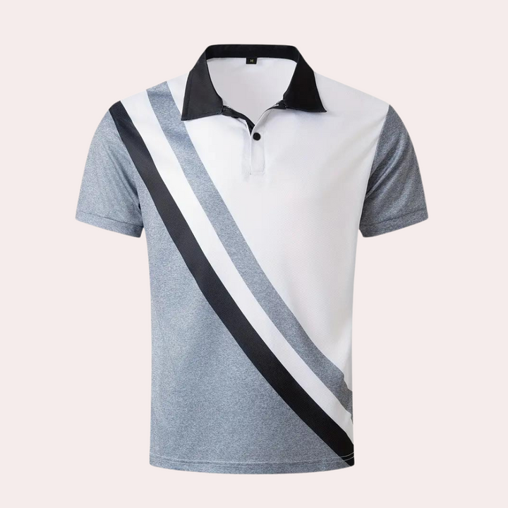 Grijze en witte polo met zwarte kraag en diagonale strepen, korte mouwen. Moderne herenkleding, casual stijl, comfortabele pasvorm.