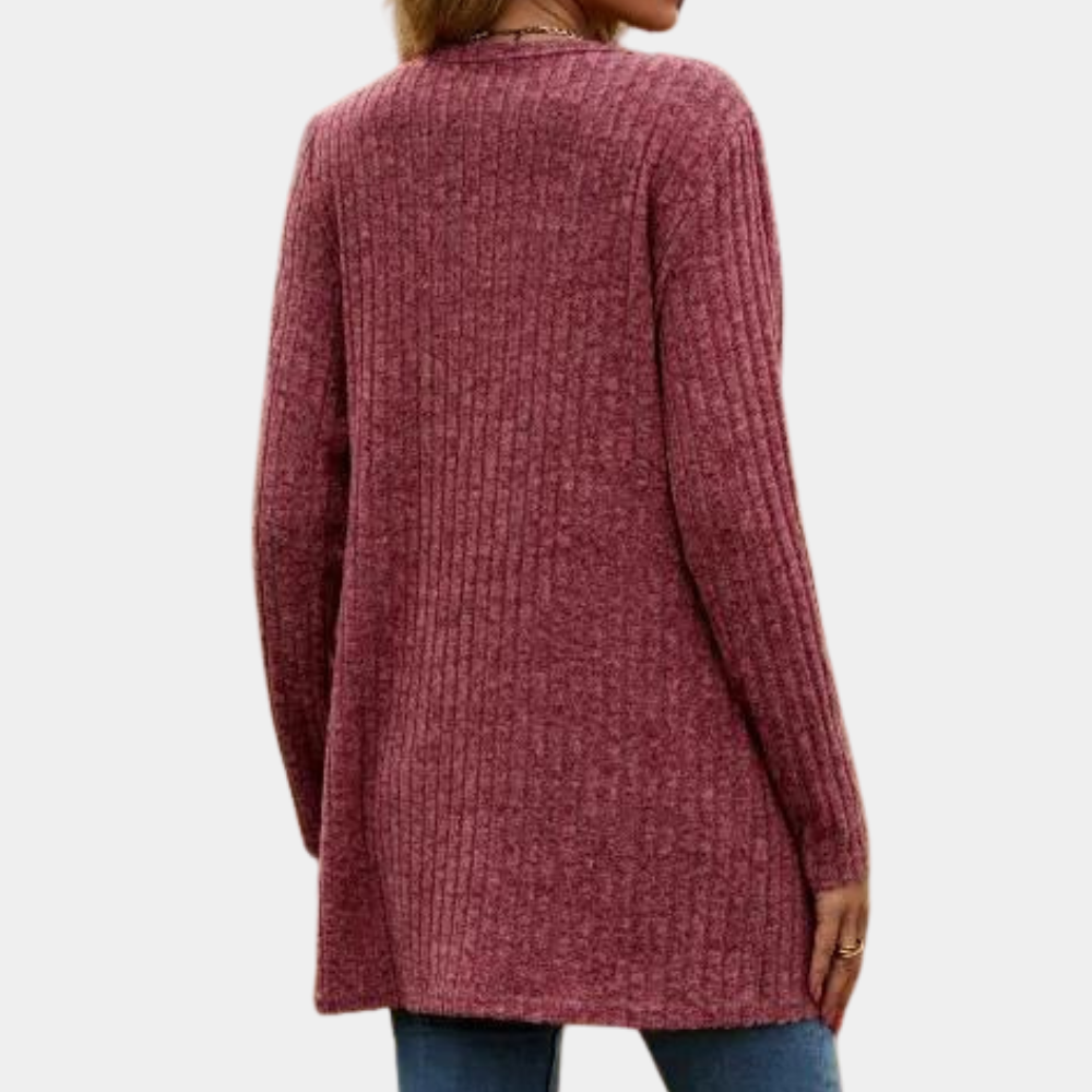 Rode gebreide damescardigan, lange mouwen, ribbelpatroon, casual stijl. Perfect voor herfst- en wintermode. Comfortabel en stijlvol.