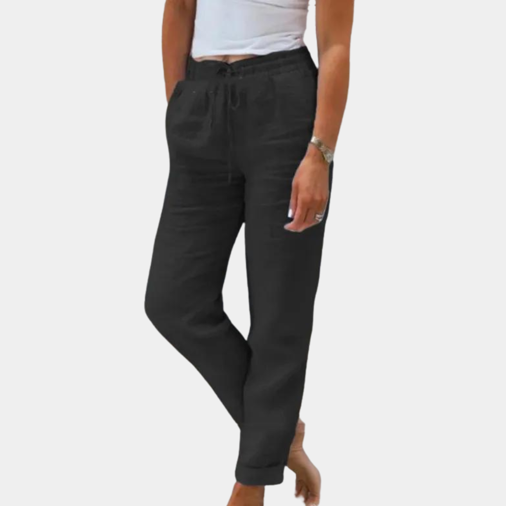 Zwarte linnen broek voor dames, comfortabel en stijlvol, met elastische tailleband en zakken. Perfect voor casual en zomerse outfits.
