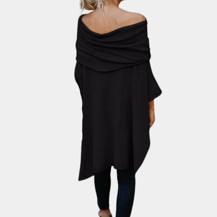 Zwarte off-shoulder poncho voor dames, stijlvolle herfst- en wintermode, comfortabele en elegante pasvorm, ideaal voor casual en chique gelegenheden.