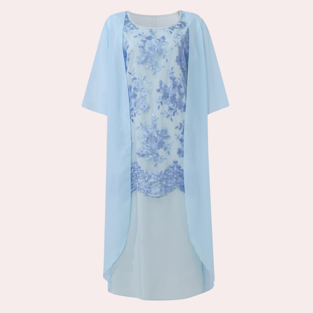 Lichtblauwe jurk met bloemenkant en lange mouwen, elegante avondjurk, perfecte keuze voor speciale gelegenheden, modieuze dameskleding.