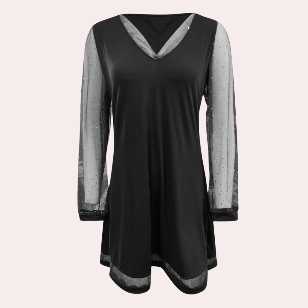 Zwarte tuniek met doorschijnende mouwen en V-hals, elegante damesmode, perfect voor avondkleding of feestelijke gelegenheden.