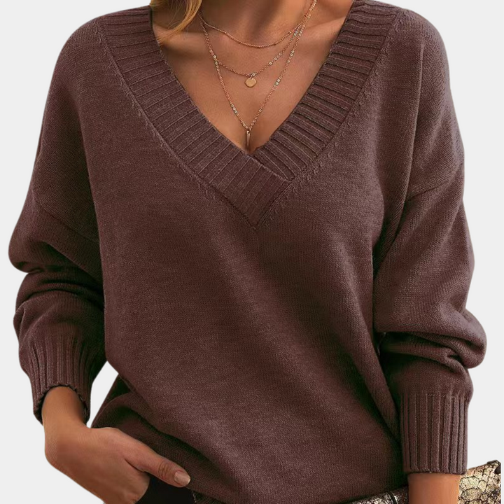 Bruine damestrui met V-hals, lange mouwen en ribgebreide boorden. Perfect voor herfstmode. Comfortabele en stijlvolle dameskleding.