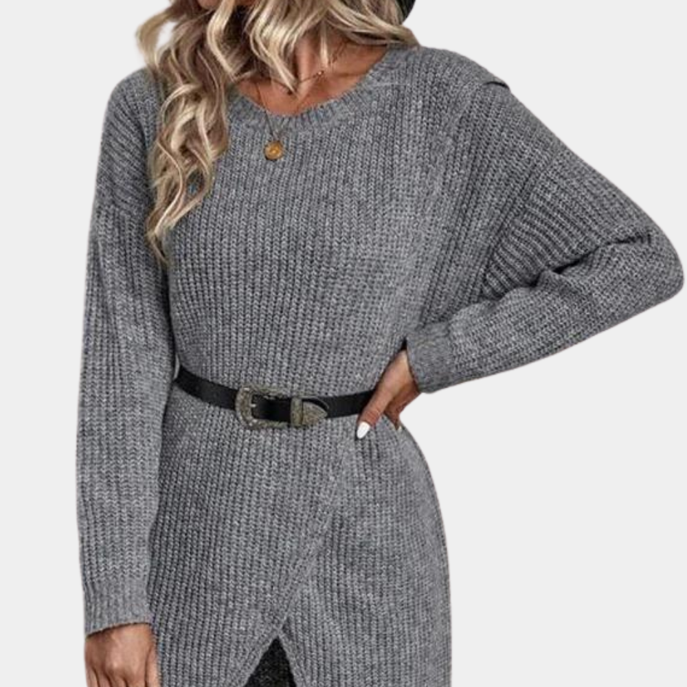 Grijze gebreide damestrui met riem, lange mouwen en ronde hals. Modieuze herfst- en winterkleding. Comfortabel en stijlvol design.