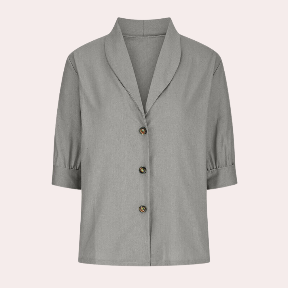 Grijze damesblouse met driekwart mouwen en knoopsluiting, stijlvolle kraag, ideaal voor casual en zakelijke outfits.