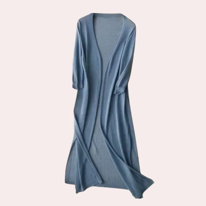 Blauwe dames kimono, lange mouwen, open voorkant, elegante stijl, comfortabele stof, perfect voor casual en lounge wear.
