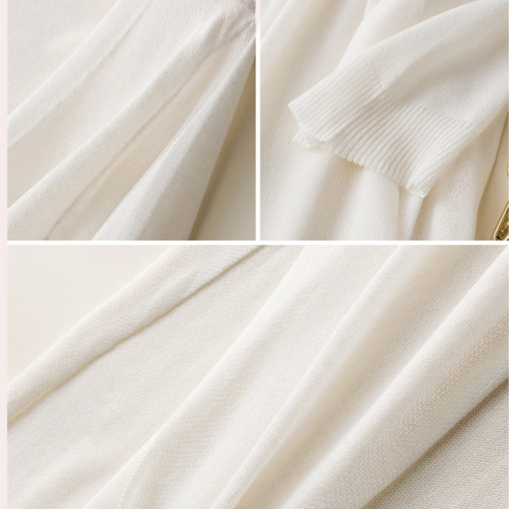 Witte gebreide trui details, zachte stof, ribgebreide manchetten, close-up textuur. Perfect voor wintermode en casual outfits.