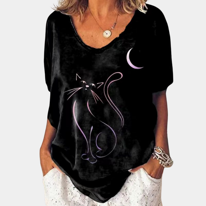 Zwarte dames T-shirt met kattenprint en halve maan, casual stijl, korte mouwen, geschikt voor dagelijks gebruik, modieuze kleding.