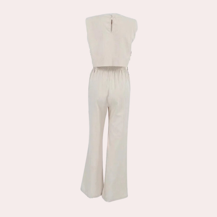 Khaki jumpsuit voor dames, mouwloos met wijde pijpen, rugsluiting. Perfect voor casual en zomerse outfits. Comfortabele en stijlvolle damesmode.