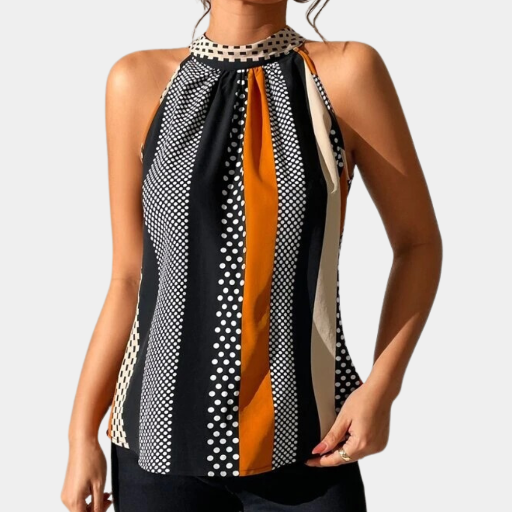 Oranje en zwarte haltertop met stippen en strepen, damesmode, zomerblouse, stijlvolle casual outfit, trendy kleding, modieuze top.